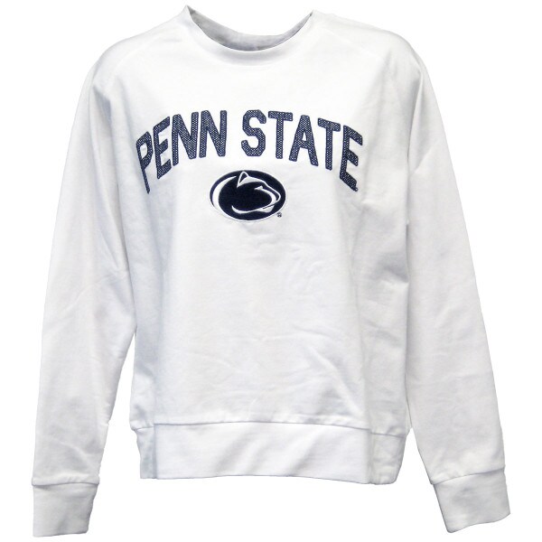 women's white crew neck sweatshirt with embroidered Penn State above Athletic Logo